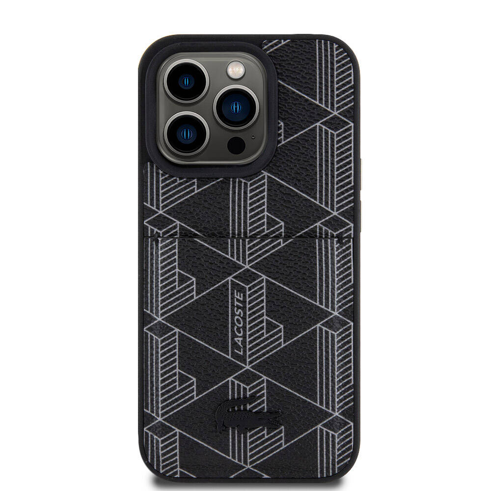iPhone 15 Pro Kılıf Lacoste orijinal Lisanslı M-safe Şarj Özellikli PU Deri Görünümlü Kartlıklı Karışık Monogram Desenli Kılıf