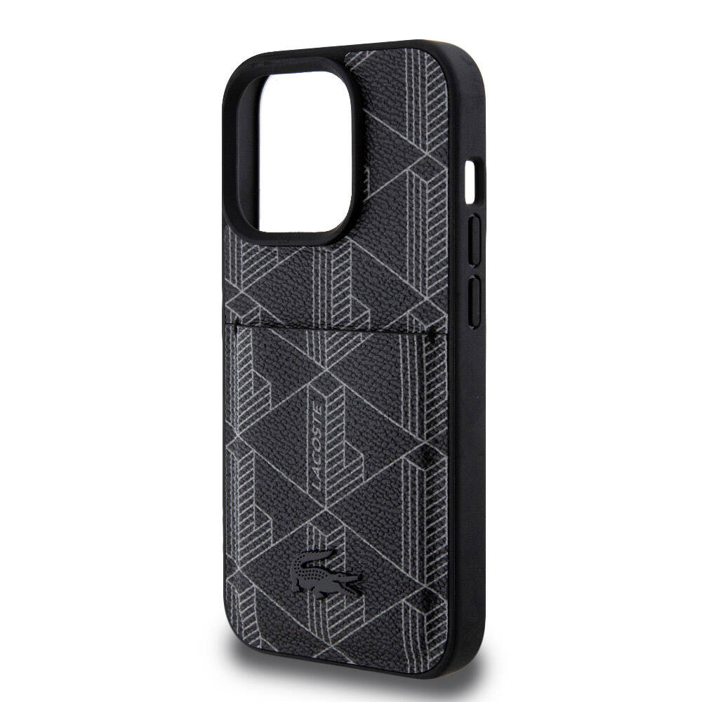 iPhone 15 Pro Kılıf Lacoste orijinal Lisanslı M-safe Şarj Özellikli PU Deri Görünümlü Kartlıklı Karışık Monogram Desenli Kılıf