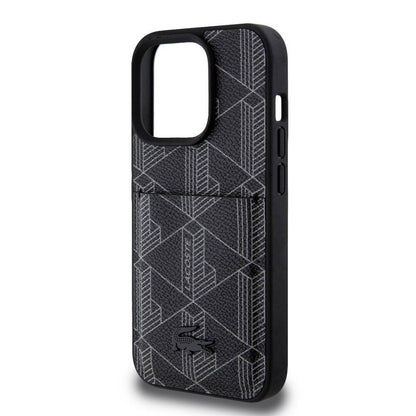iPhone 15 Pro Kılıf Lacoste orijinal Lisanslı M-safe Şarj Özellikli PU Deri Görünümlü Kartlıklı Karışık Monogram Desenli Kılıf