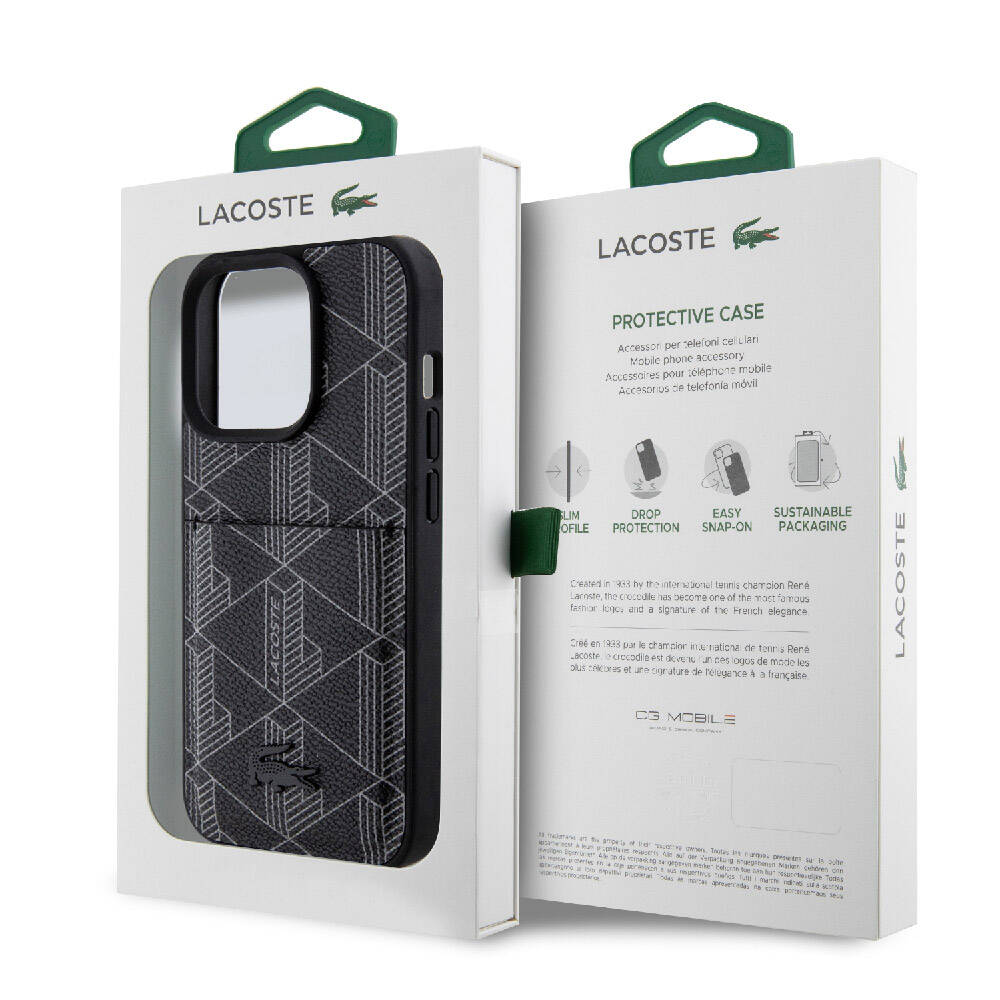 iPhone 15 Pro Kılıf Lacoste orijinal Lisanslı M-safe Şarj Özellikli PU Deri Görünümlü Kartlıklı Karışık Monogram Desenli Kılıf