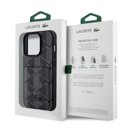 iPhone 15 Pro Kılıf Lacoste orijinal Lisanslı M-safe Şarj Özellikli PU Deri Görünümlü Kartlıklı Karışık Monogram Desenli Kılıf