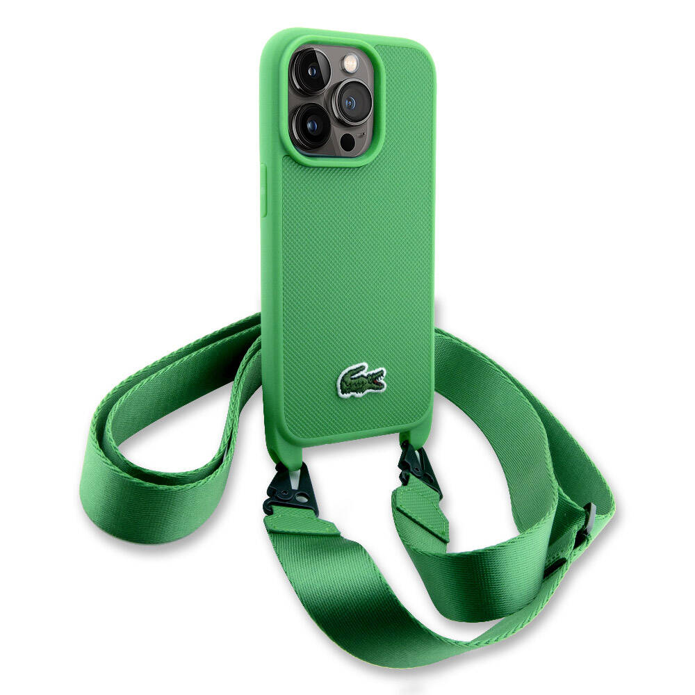 iPhone 15 Pro Kılıf Lacoste orijinal Lisanslı PU Pike Desenli Arka Yüzey Askılı İkonik Timsah Dokuma Logolu Kılıf