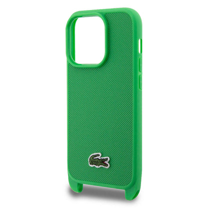 iPhone 15 Pro Kılıf Lacoste orijinal Lisanslı PU Pike Desenli Arka Yüzey Askılı İkonik Timsah Dokuma Logolu Kılıf