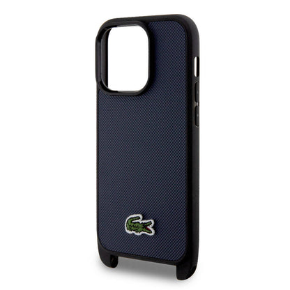 iPhone 15 Pro Kılıf Lacoste orijinal Lisanslı PU Pike Desenli Arka Yüzey Askılı İkonik Timsah Dokuma Logolu Kılıf