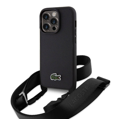 iPhone 15 Pro Kılıf Lacoste orijinal Lisanslı PU Pike Desenli Arka Yüzey Askılı İkonik Timsah Dokuma Logolu Kılıf