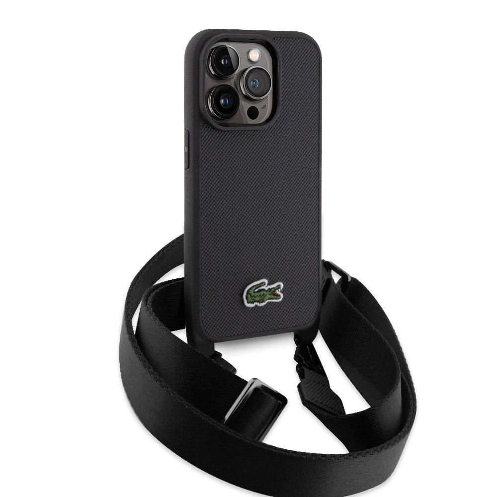 iPhone 15 Pro Kılıf Lacoste orijinal Lisanslı PU Pike Desenli Arka Yüzey Askılı İkonik Timsah Dokuma Logolu Kılıf