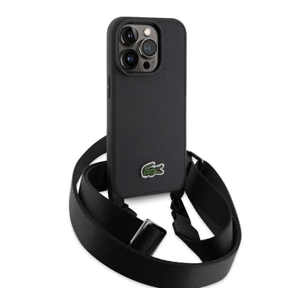 iPhone 15 Pro Kılıf Lacoste orijinal Lisanslı PU Pike Desenli Arka Yüzey Askılı İkonik Timsah Dokuma Logolu Kılıf