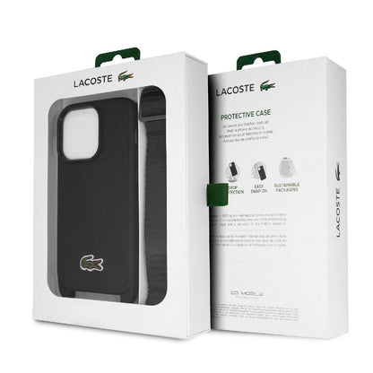 iPhone 15 Pro Kılıf Lacoste orijinal Lisanslı PU Pike Desenli Arka Yüzey Askılı İkonik Timsah Dokuma Logolu Kılıf