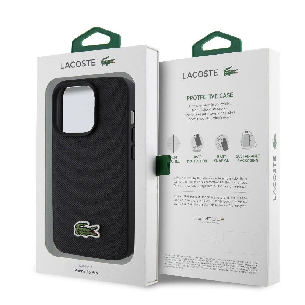 iPhone 15 Pro Kılıf Lacoste orijinal Lisanslı PU Pike Desenli Arka Yüzey İkonik Timsah Dokuma Logolu Kılıf