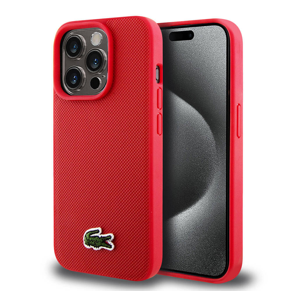 iPhone 15 Pro Kılıf Lacoste orijinal Lisanslı PU Pike Desenli Arka Yüzey İkonik Timsah Dokuma Logolu Kılıf