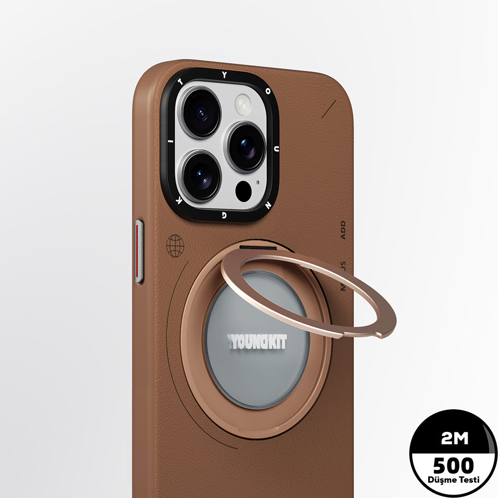 iPhone 15 Pro Kılıf M-safe Şarj Özellikli 360° Standlı Basit Mat Deri Desenli Youngkit Tech Leather Serisi Kılıf