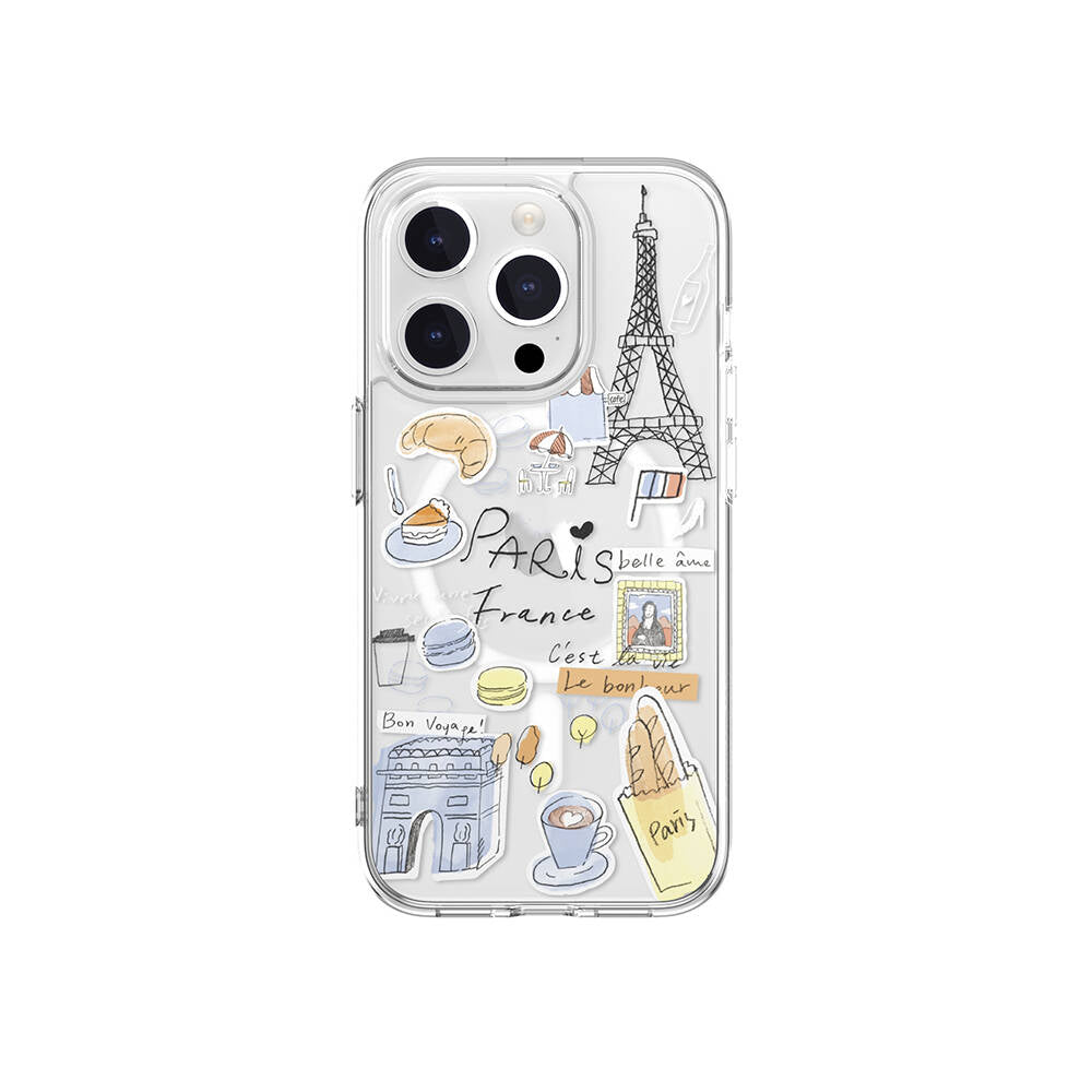 iPhone 15 Pro Kılıf M-safe Şarj Özellikli Çizim Desenli Şok Önleyicili Şeffaf Lisanslı Switcheasy City-M Paris Kılıf