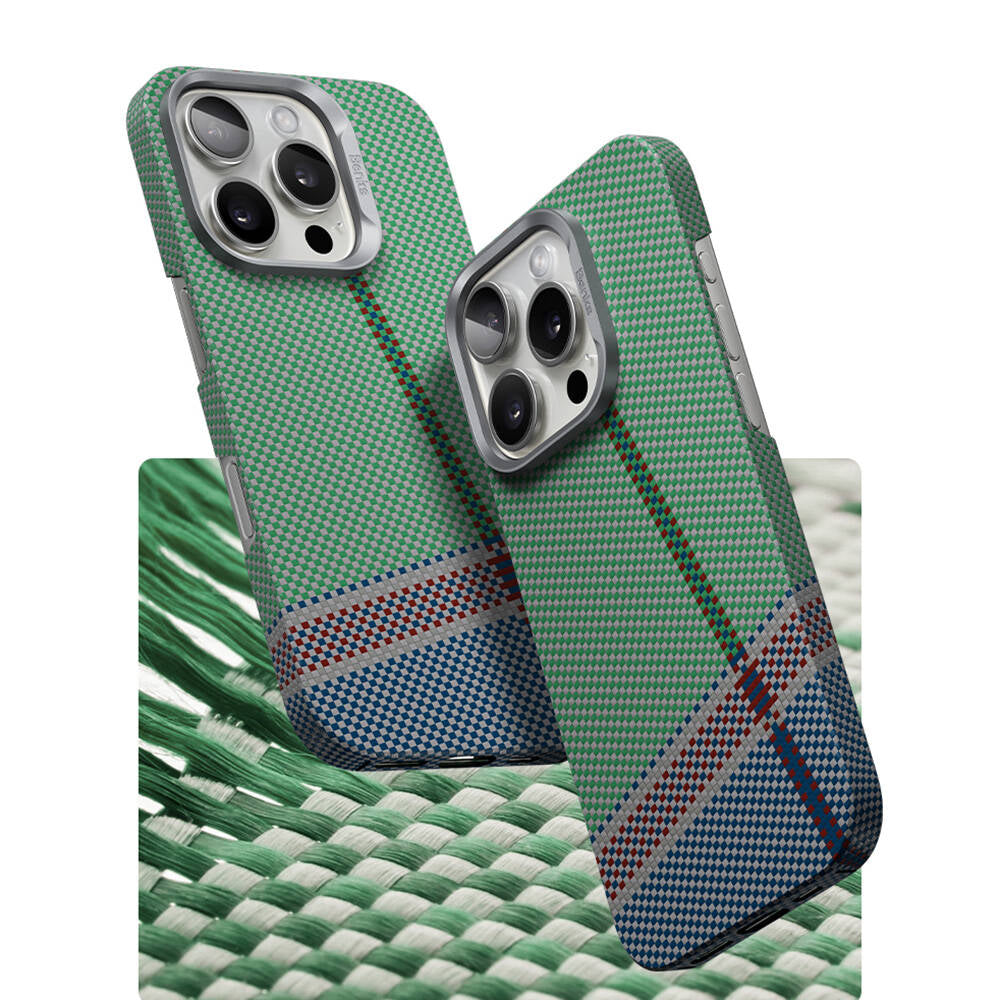 iPhone 15 Pro Kılıf M-safe Şarj Özellikli Karbon Fiber Tasarımlı Benks Passion Green ArmorAir Kevlar Kılıf