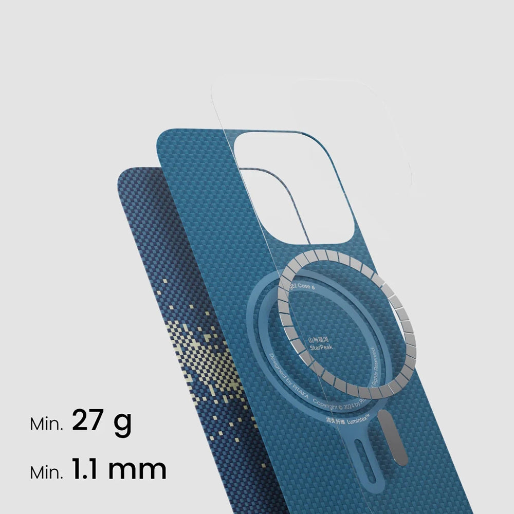 iPhone 15 Pro Kılıf M-safe Şarj Özellikli Lumintex Teknolojili Fosforlu Özellikli Aramid Fiber Pitaka Tactile Woven Starpeak Serisi Milky Way Galaxy Kılıf