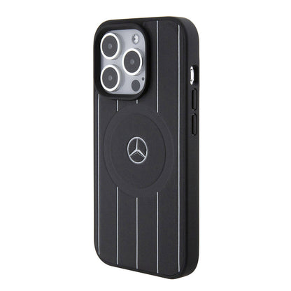 iPhone 15 Pro Kılıf Mercedes Benz Orijinal Lisanslı M-safe Şarj Özellikli Baskı Logolu Paralel Çizgi Desenli Deri Kılıf