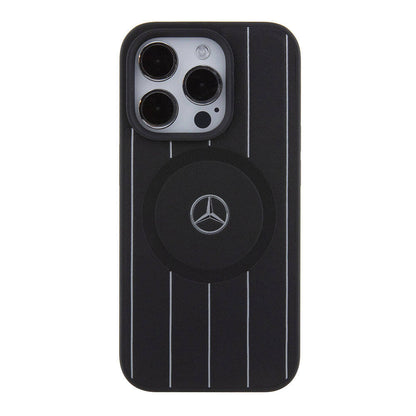 iPhone 15 Pro Kılıf Mercedes Benz Orijinal Lisanslı M-safe Şarj Özellikli Baskı Logolu Paralel Çizgi Desenli Deri Kılıf