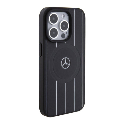 iPhone 15 Pro Kılıf Mercedes Benz Orijinal Lisanslı M-safe Şarj Özellikli Baskı Logolu Paralel Çizgi Desenli Deri Kılıf
