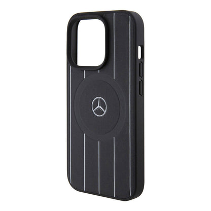 iPhone 15 Pro Kılıf Mercedes Benz Orijinal Lisanslı M-safe Şarj Özellikli Baskı Logolu Paralel Çizgi Desenli Deri Kılıf