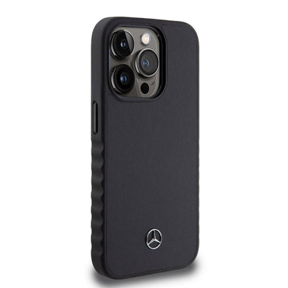 iPhone 15 Pro Kılıf Mercedes Benz Orijinal Lisanslı Tırtıklı Kenar Tasarımlı Metal Yıldız Logolu Pürüzsüz Hakiki Deri Kılıf