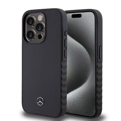 iPhone 15 Pro Kılıf Mercedes Benz Orijinal Lisanslı Tırtıklı Kenar Tasarımlı Metal Yıldız Logolu Pürüzsüz Hakiki Deri Kılıf
