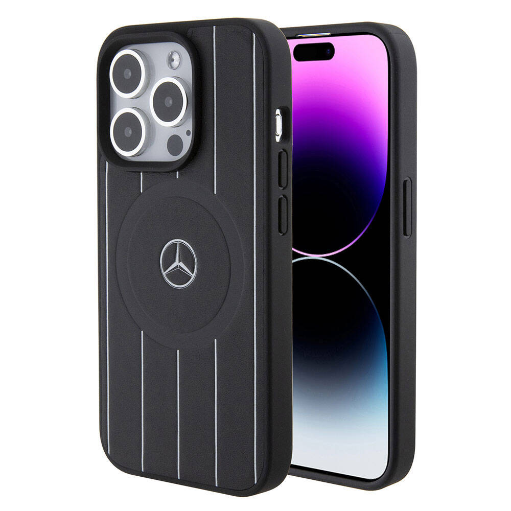 iPhone 15 Pro Kılıf Mercedes Benz orijinal Lisanslı M-safe Şarj Özellikli Baskı Logolu Paralel Çizgi Desenli Deri Kılıf