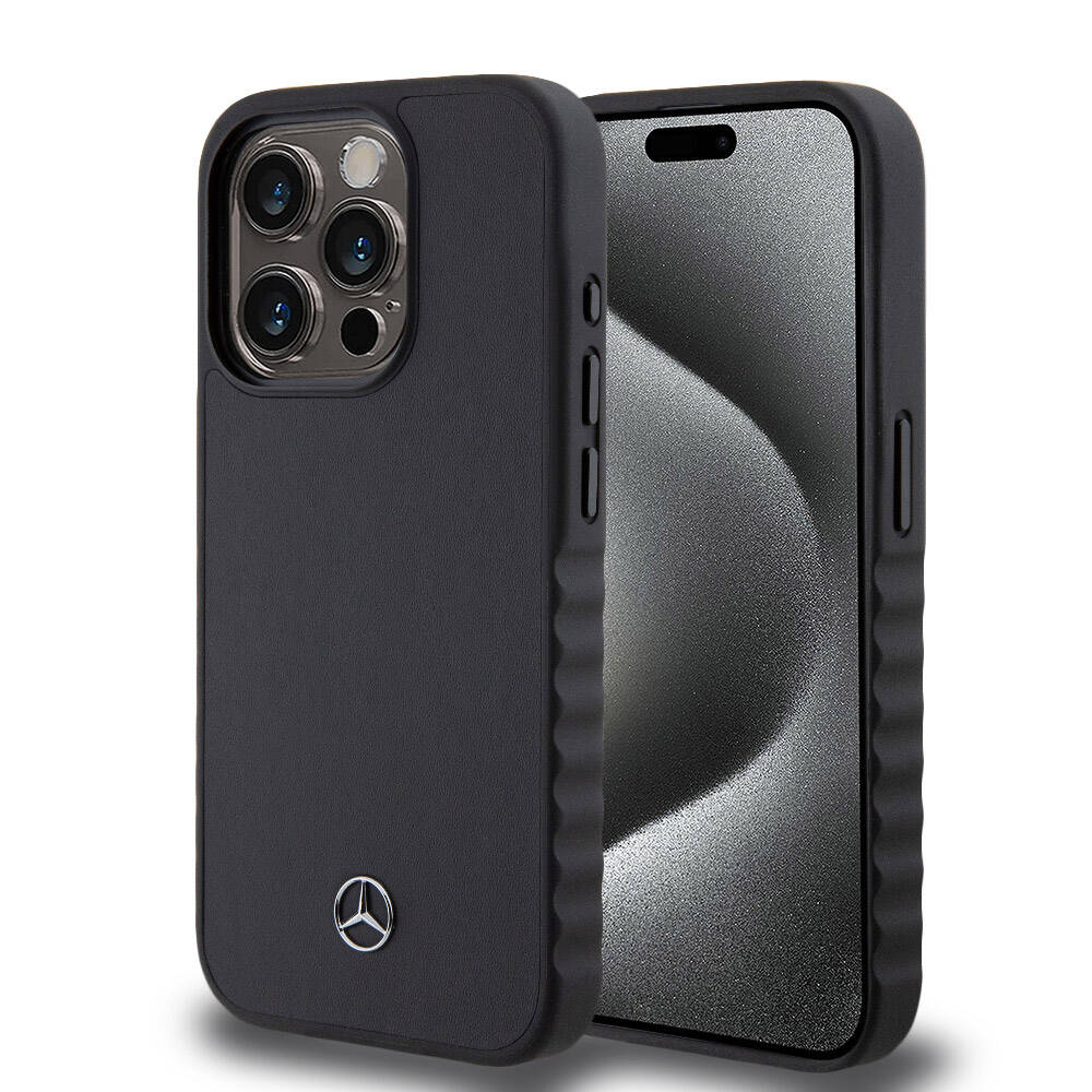 iPhone 15 Pro Kılıf Mercedes Benz orijinal Lisanslı Tırtıklı Kenar Tasarımlı Metal Yıldız Logolu Pürüzsüz Hakiki Deri Kılıf