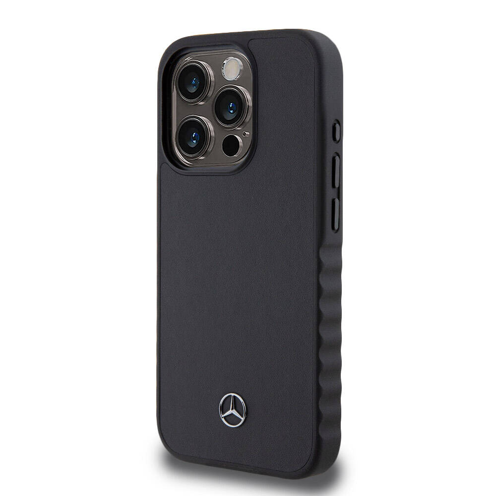 iPhone 15 Pro Kılıf Mercedes Benz orijinal Lisanslı Tırtıklı Kenar Tasarımlı Metal Yıldız Logolu Pürüzsüz Hakiki Deri Kılıf