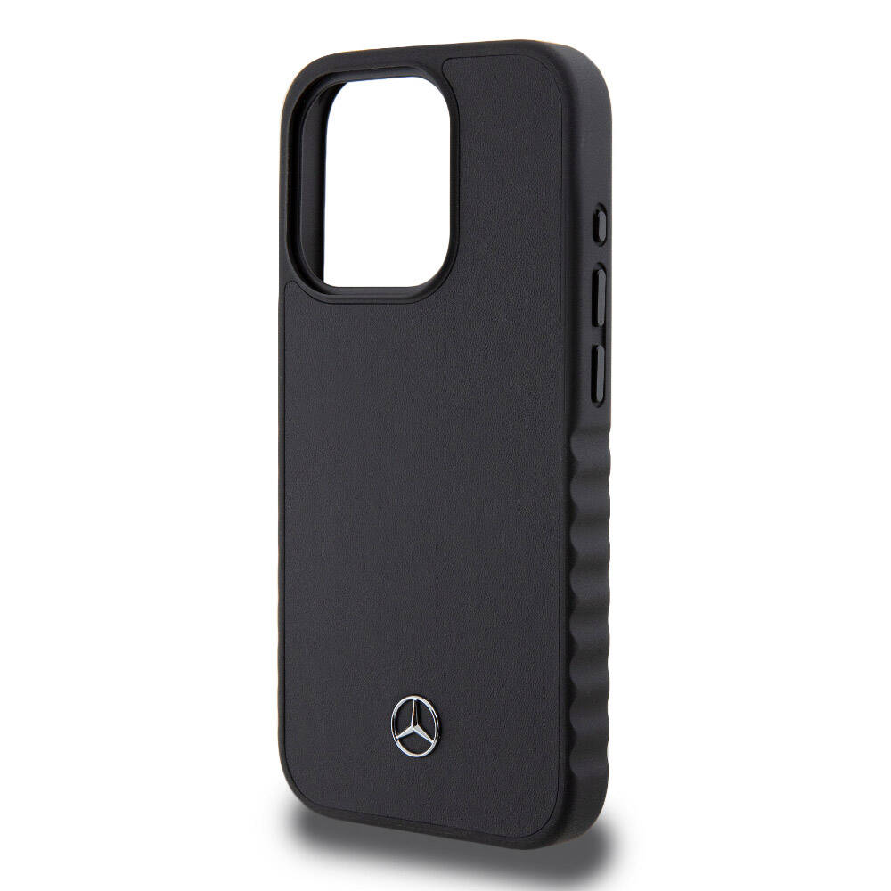 iPhone 15 Pro Kılıf Mercedes Benz OrijinalLisanslı Tırtıklı Kenar Tasarımlı Metal Yıldız Logolu Pürüzsüz Hakiki Deri Kılıf
