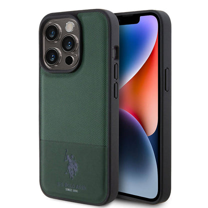 iPhone 15 Pro Kılıf U.S. Polo Assn. Orijinal Lisanslı Suni Deri Arka Yüzey Baskı Logolu Örgü Desenli Kılıf