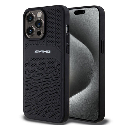 iPhone 15 Pro Max Kılıf AMG Orijinal Lisanslı M-safe Şarj Özellikli Delikli Deri Kıvrımlı Çizgili Kılıf