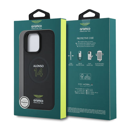 iPhone 15 Pro Max Kılıf Aston Martin Orijinal Lisanslı M-safe Şarj Özellikli PU Deri Alonso 14 Baskılı Kılıf