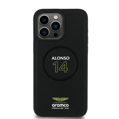 iPhone 15 Pro Max Kılıf Aston Martin Orijinal Lisanslı M-safe Şarj Özellikli PU Deri Alonso 14 Baskılı Kılıf