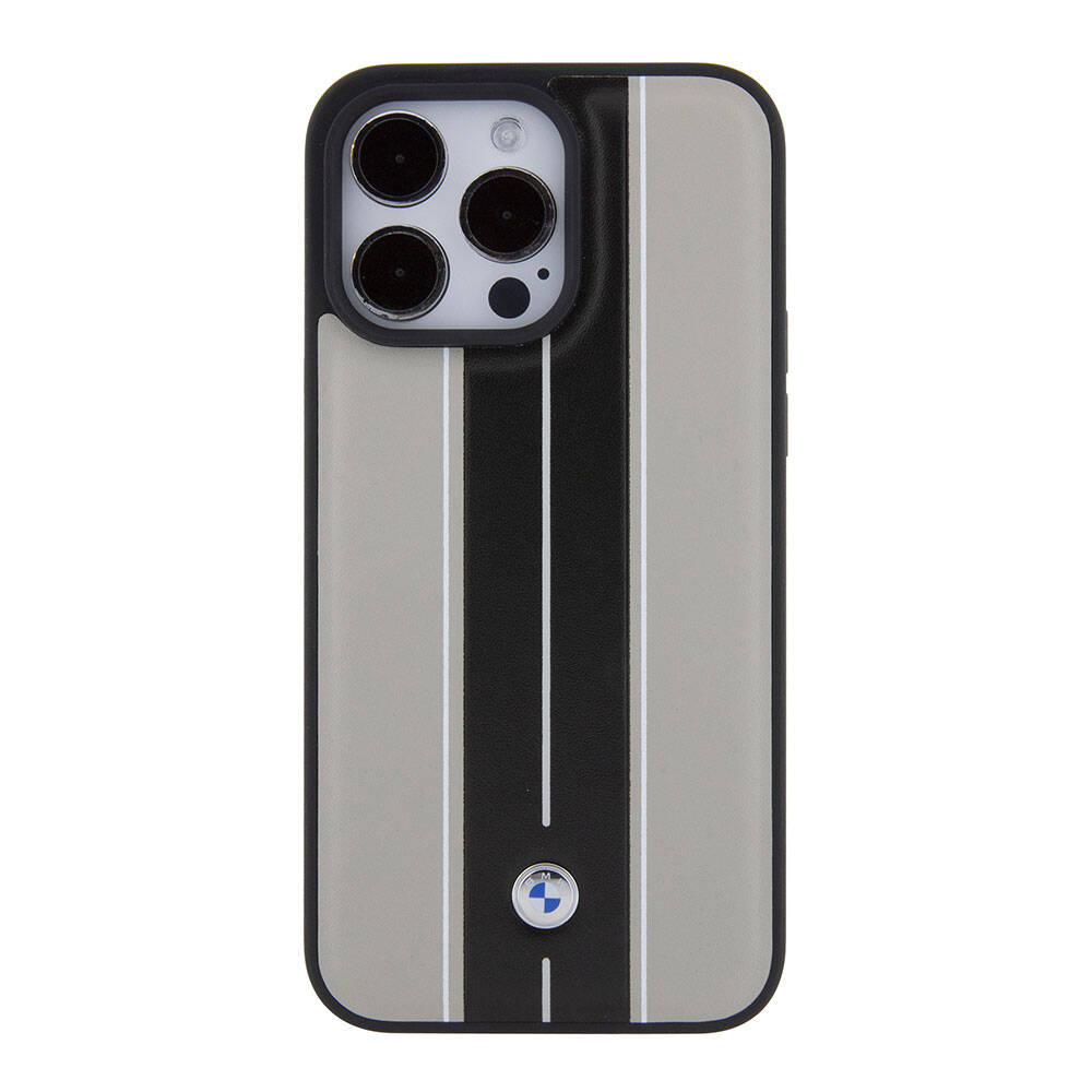 iPhone 15 Pro Kılıf BMW Orijinal Lisanslı Deri Arka Yüzey Metal Logolu Çift Şerit Tasarımlı Kılıf