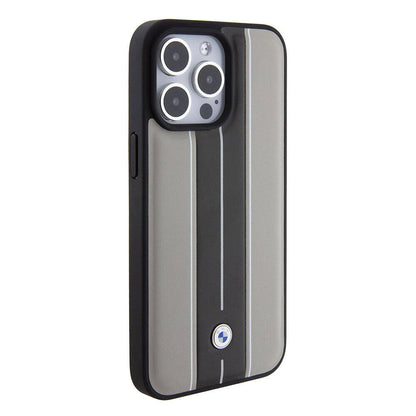 iPhone 15 Pro Max Kılıf BMW Orijinal Lisanslı Deri Arka Yüzey Metal Logolu Çift Şerit Tasarımlı Kılıf