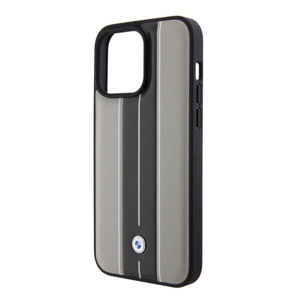 iPhone 15 Pro Max Kılıf BMW Orijinal Lisanslı Deri Arka Yüzey Metal Logolu Çift Şerit Tasarımlı Kılıf