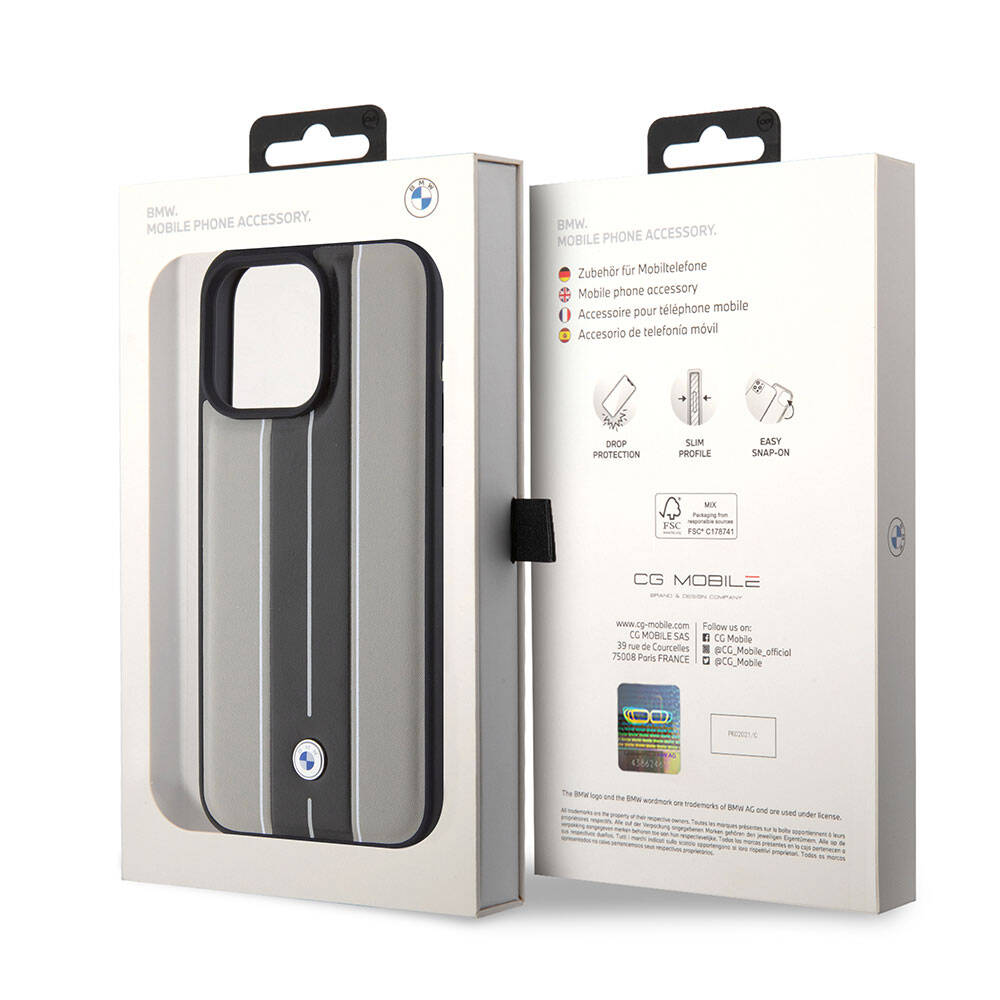 iPhone 15 Pro Max Kılıf BMW Orijinal Lisanslı Deri Arka Yüzey Metal Logolu Çift Şerit Tasarımlı Kılıf