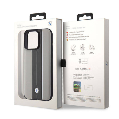 iPhone 15 Pro Max Kılıf BMW Orijinal Lisanslı Deri Arka Yüzey Metal Logolu Çift Şerit Tasarımlı Kılıf