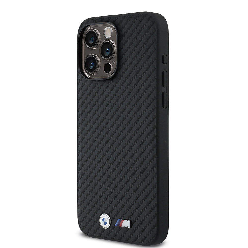 iPhone 15 Pro Max Kılıf BMW Orijinal Lisanslı Karbon Fiber Tasarımlı ve Metal Logolu PU Deri Kılıf