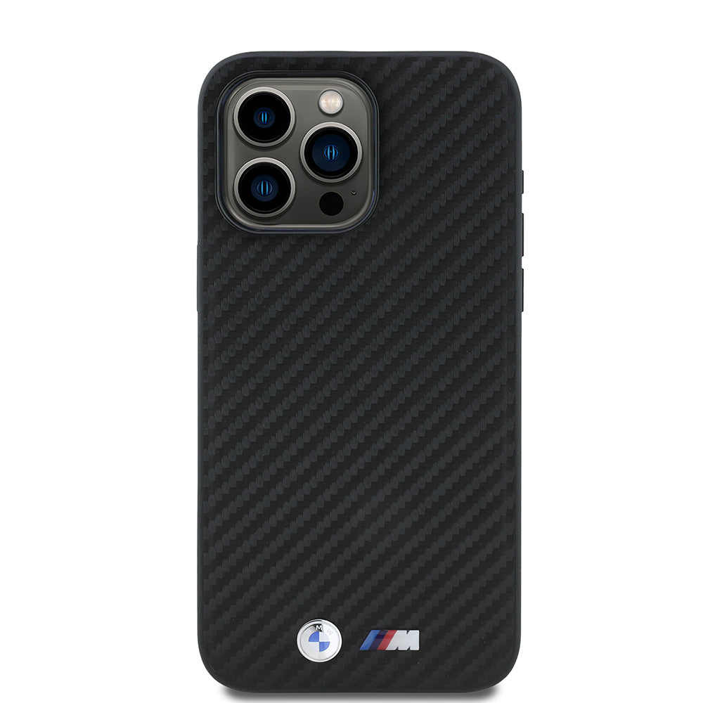 iPhone 15 Pro Max Kılıf BMW Orijinal Lisanslı Karbon Fiber Tasarımlı ve Metal Logolu PU Deri Kılıf