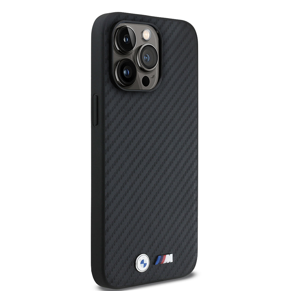 iPhone 15 Pro Max Kılıf BMW Orijinal Lisanslı Karbon Fiber Tasarımlı ve Metal Logolu PU Deri Kılıf