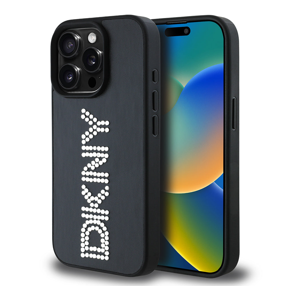 iPhone 15 Pro Max Kılıf DKNY Orijinal Lisanslı Taşlı DKNY Yazılı Metalik Rhinestones PU Deri Kılıf