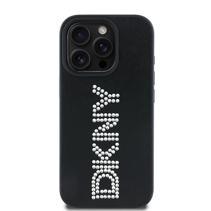 iPhone 15 Pro Max Kılıf DKNY Orjinal Lisanslı Taşlı DKNY Yazılı Metalik Rhinestones PU Deri Kılıf