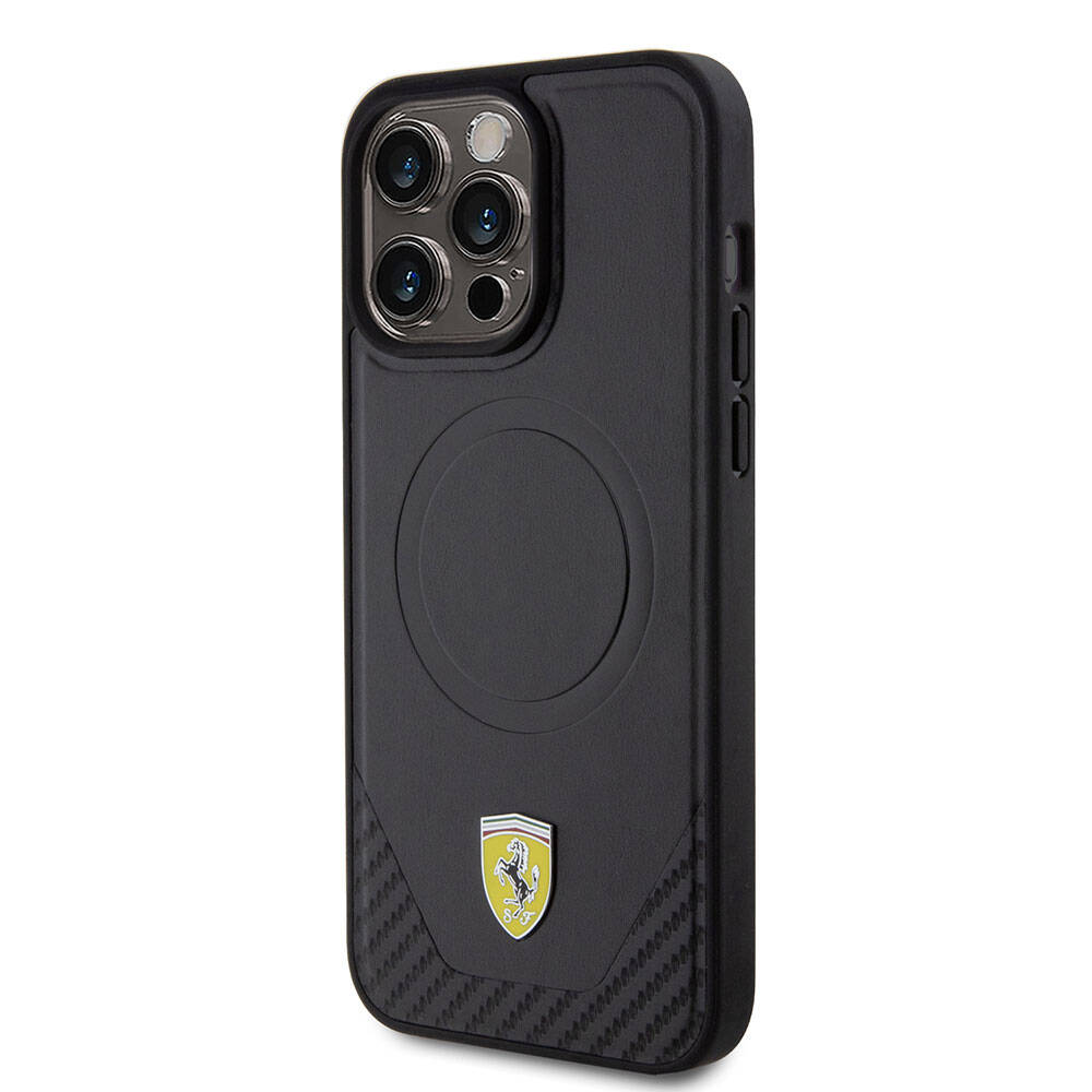 iPhone 15 Pro Max Kılıf Ferrari Orijinal Lisanslı M-safe Şarj Özellikli Metal Logolu PU Karbon Kılıf
