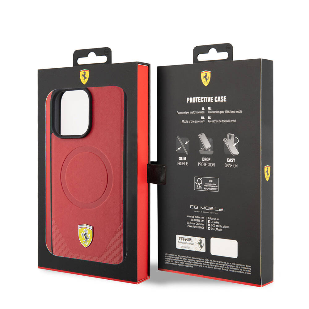 iPhone 15 Pro Max Kılıf Ferrari Orijinal Lisanslı M-safe Şarj Özellikli Metal Logolu PU Karbon Kılıf