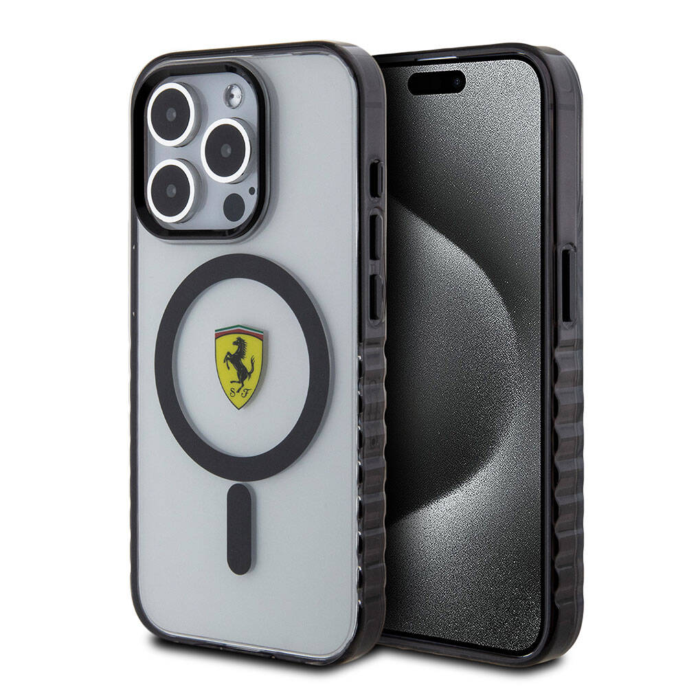 iPhone 15 Pro Max Kılıf Ferrari Orijinal Lisanslı M-safe Şarj Özellikli Tırtıklı Kenar Tasarımlı Ortalanmış Logo Kılıf