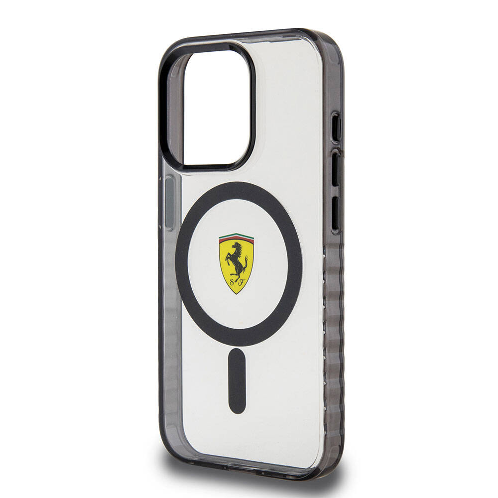 iPhone 15 Pro Max Kılıf Ferrari Orijinal Lisanslı M-safe Şarj Özellikli Tırtıklı Kenar Tasarımlı Ortalanmış Logo Kılıf
