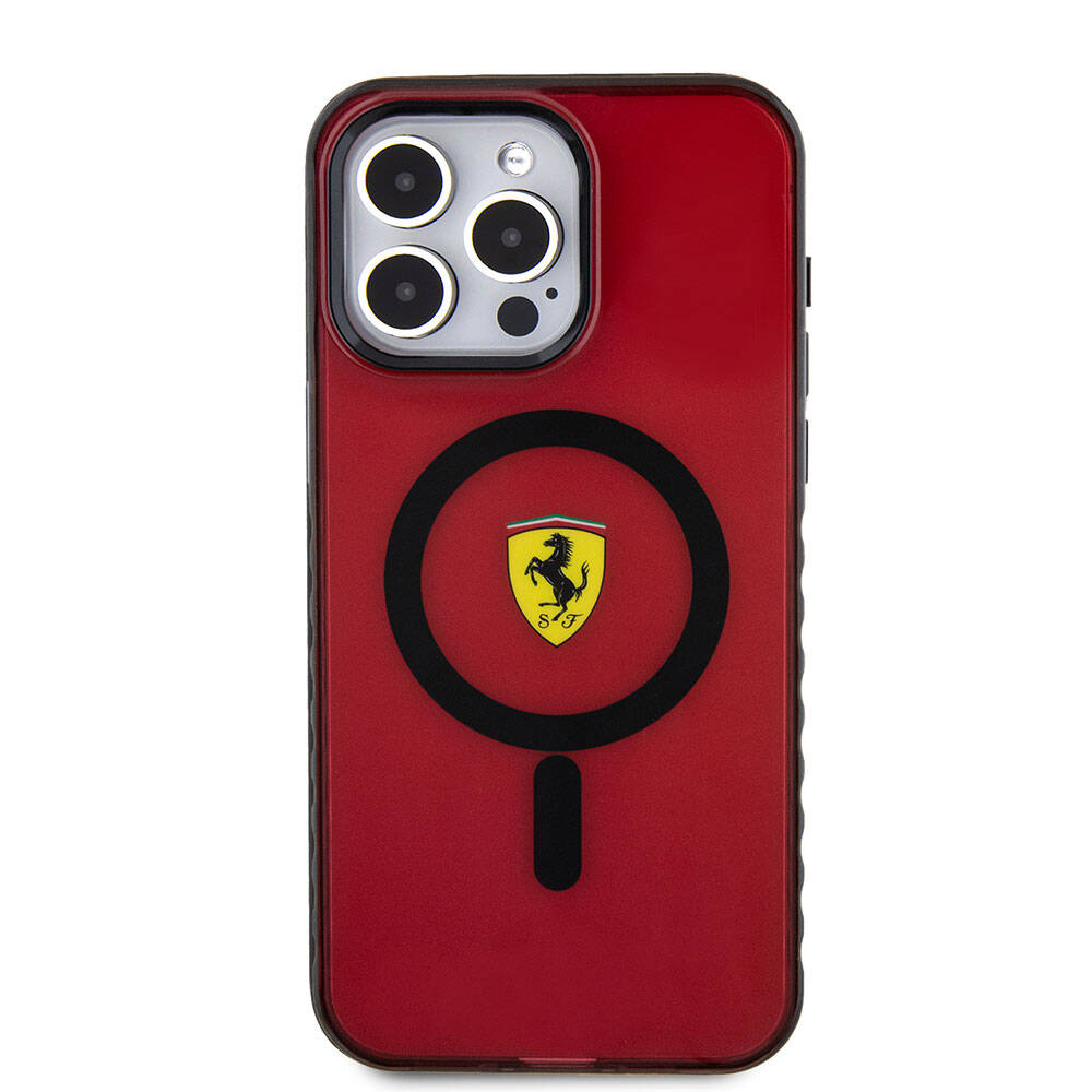 iPhone 15 Pro Max Kılıf Ferrari Orijinal Lisanslı M-safe Şarj Özellikli Tırtıklı Kenar Tasarımlı Ortalanmış Logo Kılıf