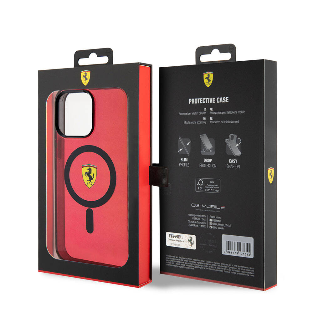 iPhone 15 Pro Max Kılıf Ferrari Orijinal Lisanslı M-safe Şarj Özellikli Tırtıklı Kenar Tasarımlı Ortalanmış Logo Kılıf