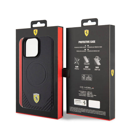 iPhone 15 Pro Max Kılıf Ferrari orijinal Lisanslı M-safe Şarj Özellikli Metal Logolu PU Karbon Kılıf