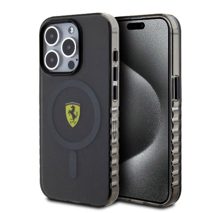 iPhone 15 Pro Max Kılıf Ferrari orijinal Lisanslı M-safe Şarj Özellikli Tırtıklı Kenar Tasarımlı Ortalanmış Logo Kılıf